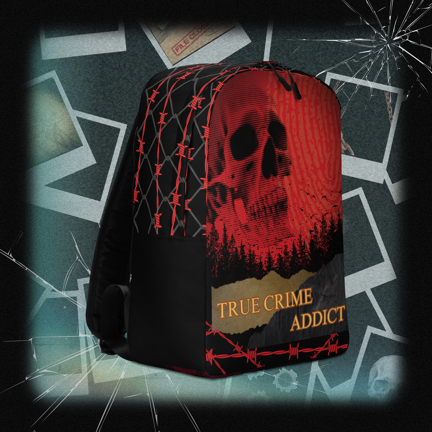 "True Crime Addict" Skull Backpack