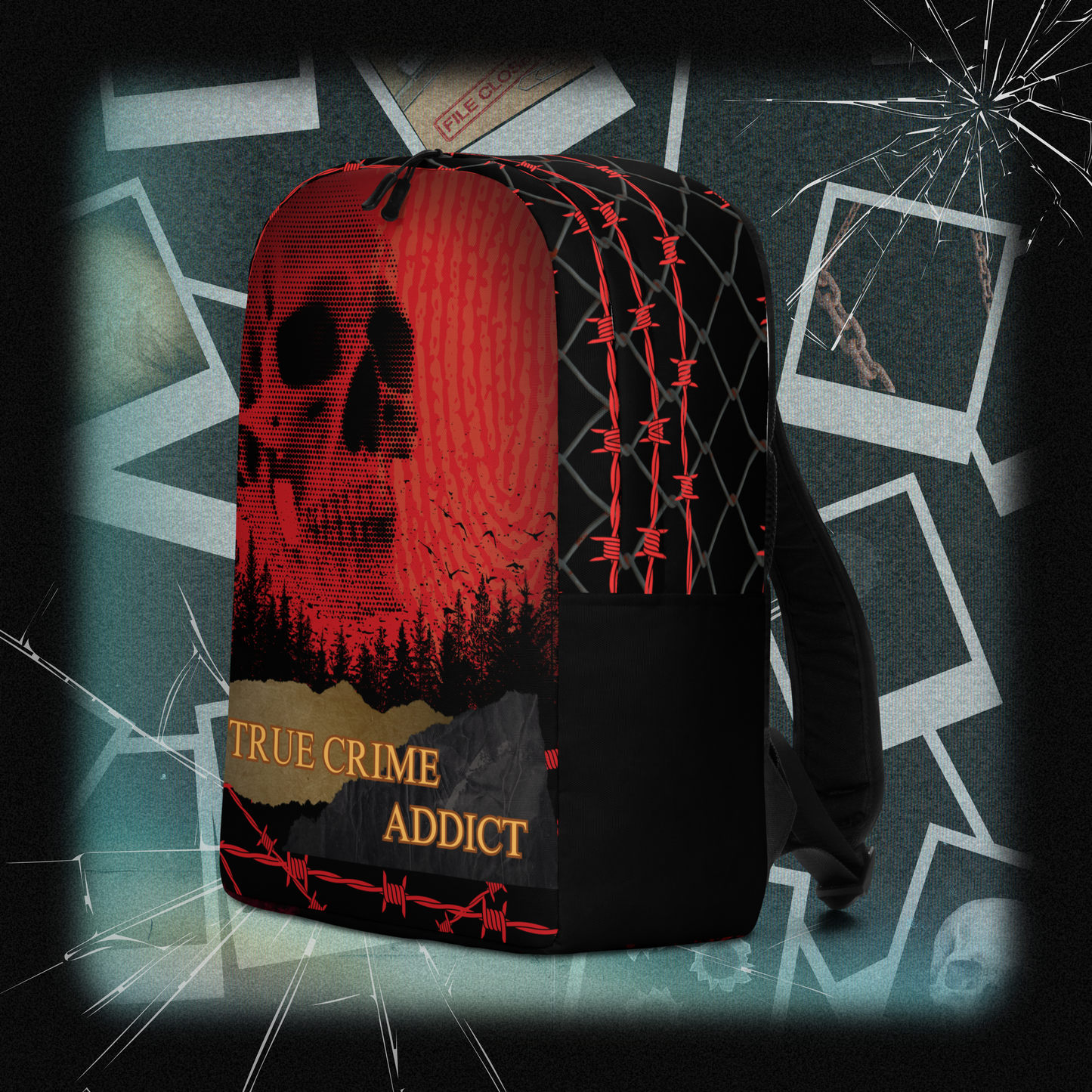 "True Crime Addict" Skull Backpack